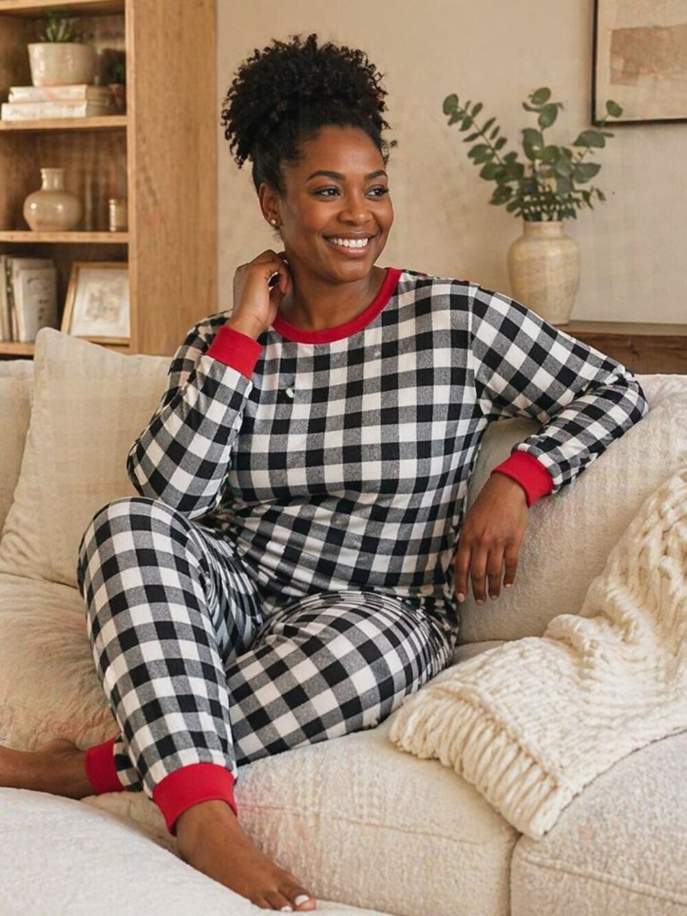 Hanna Andersson Pajama Set M Black White Plaid Red Trim Holiday 2 Piece